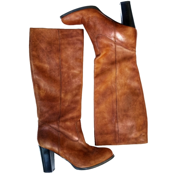 Y2K Brown leather stack heel slip on knee boots boho - Picture 2 of 8